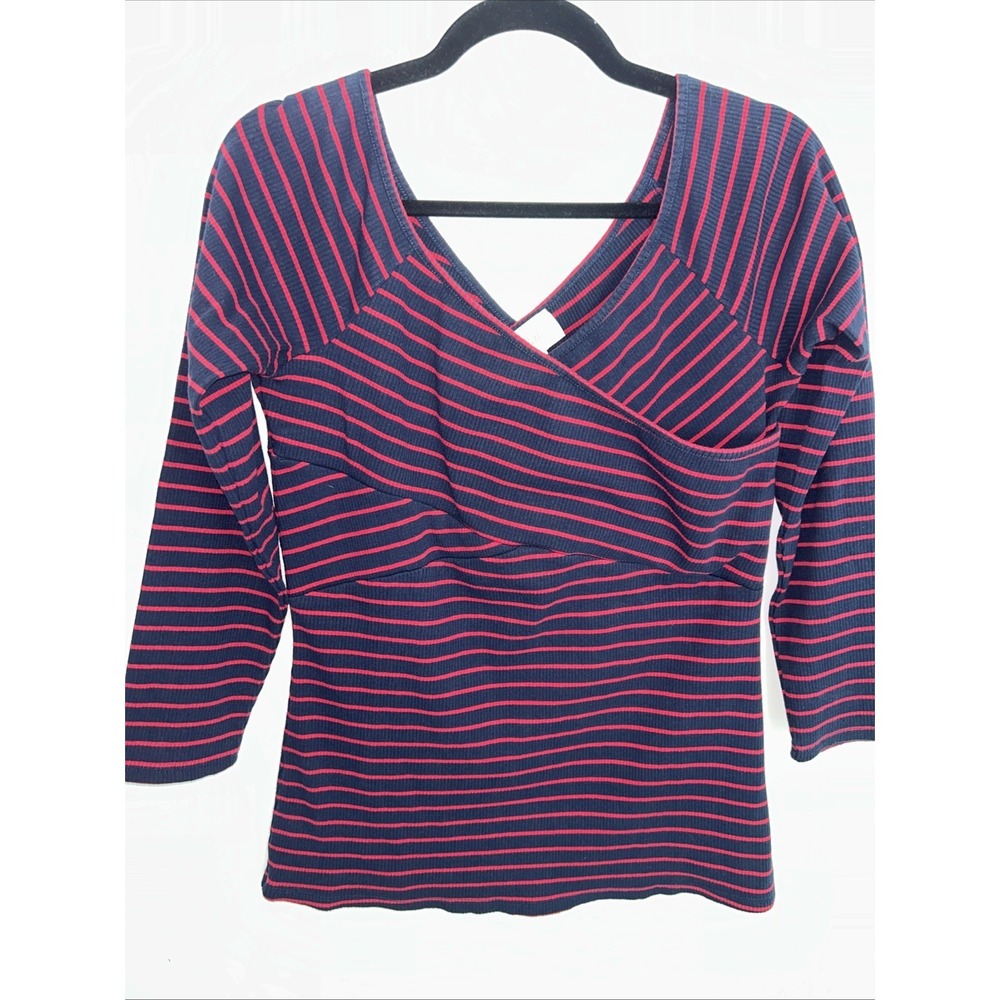 Anthropologie Deletta Women's L Long Sleeve Kris Cross‎ Front Pull Over Navy Red